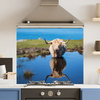 Choose Your Print Premium 74.5 X 59.5Cm Water Highland Cow 6mm Glass Toughened Kitchen Splashback from B&Q
