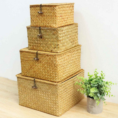  - Handmade 4 Piece Storage Basket Set With Lid Rectangular Rattan And Fabric