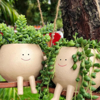 2 Piece Cute Smiley Swing Face Planter Pots Hanging Garden Plant Decor Resin