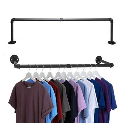  - Industrial Pipe Wall Mounted Clothes Rack Heavy Duty Metal Garment Rail Black