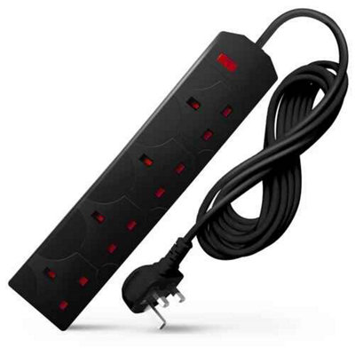 4 Gang Black Electric Extension Lead With Uk Plug 3 Pin Cable from B&Q