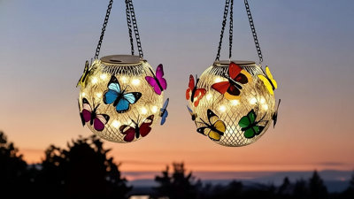 Solar Butterfly Hanging Lanterns  Metal Outdoor Lights 2 Pack from B&Q