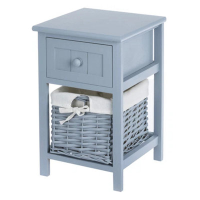  - Wooden Bedside Cabinet Table With Drawers And Wicker Storage Grey
