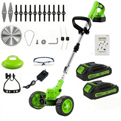 21V Cordless Grass Trimmer & Lawn Edger With WheelsCordless Lawn Mover With 2X Rechargeable Batteries And Accessories  (Green) from B&Q