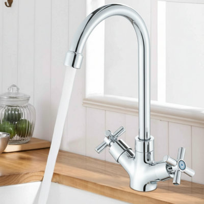 Modern Chrome Kitchen Sink Mixer Tap Dual Lever Swivel Spout Faucet