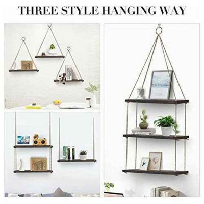 3 Tier Wooden Hanging Shelf With Jute Rope Floating Wall Display Decor from B&Q
