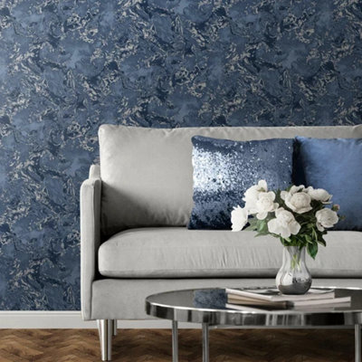  - Metallic Marble Swirls Abstract Art Navy And Silver Wallpaper