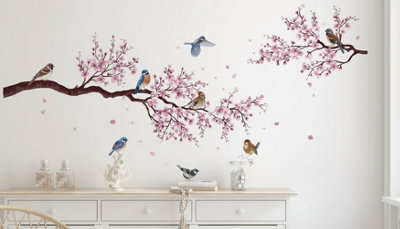  - Large Cherry Blossom Branch Wall Stickers Pink Flower And Bird Wall