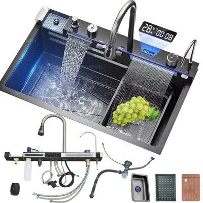 B&Q Led Kitchen Sink Set, Stainless Steel, Single Bowl, Mixer Tap, Waste Kit