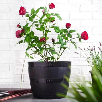  - Large 50Cm Round Barrel Planter Black Garden Patio Flower Pot