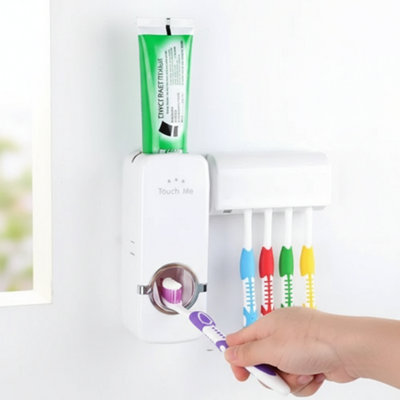Automatic Toothpaste Dispenser Toothbrush Holder Wall Mounted White