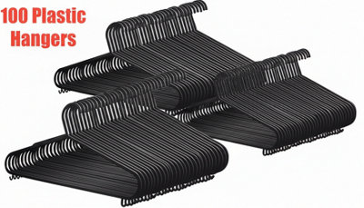  - 100 Black Clothes Plastic Hangers With Trouser Bar