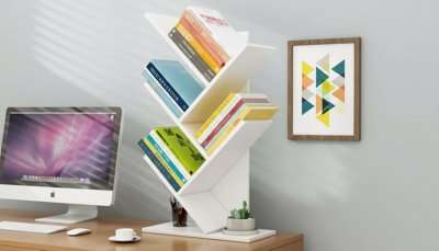  - 5 Tier Freestanding Tree Bookcase  Desk Storage & Display Bookshelf