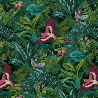 Tropical Rainforest Jungle Floral Birds Wallpaper Green from B&Q