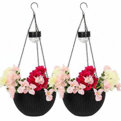 2 Pack Rattan Solar Hanging Basket Lights Garden Flower Planter Lamp from B&Q