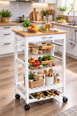 5 Tier Kitchen Trolley Rolling Cart With Drawer Basket And Wine Rack