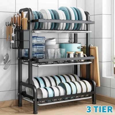  - 3 Tier Dish Drainer Rack With Drip Tray & Cutlery Holder Kitchen Sink Plate Organizer