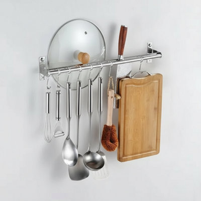 50Cm Wall Mounted Kitchen Utensil Rack With 8 Hooks  Pan & Pot Hanging Rail Shelf from B&Q