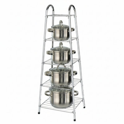  - 5 Tier Pan Storage Rack Kitchen Pot And Saucepan Organizer Chrome Finish Space Saving Stand Holder