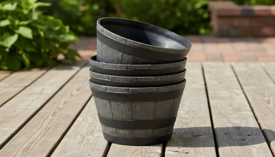 Planter Pot Set  Pack Of Four Half Barrel Style Pots For Flowers And Plants