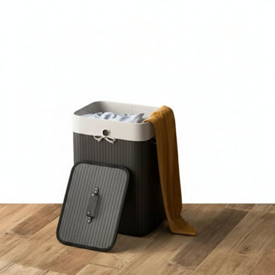 72L Bamboo Laundry Basket With Lid Foldable Washing Clothe Bin Hamper With Liner from B&Q