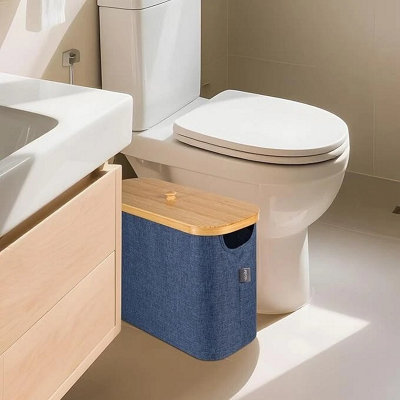 23L Bamboo Toilet Roll Storage Box With Lid Holds 9 Rolls Blue Bathroom Organiser from B&Q
