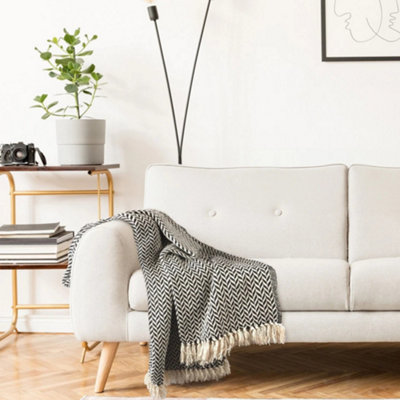 Cotton Herringbone Throw Blanket Geo Black Fringe Tassel from B&Q