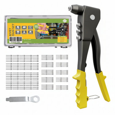  - Hand Pop Rivet Gun Kit With 200 Assorted Rivets 4 Interchangeable Nozzles And Wrench