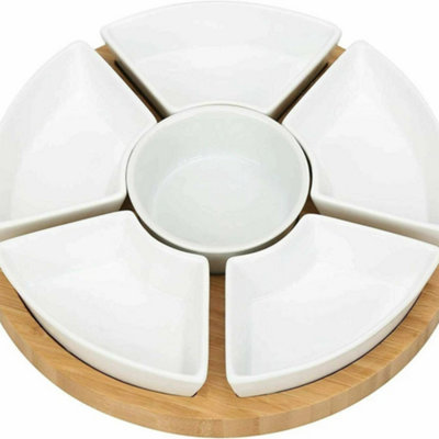 Rotating Bamboo Lazy Susan Dip Set With 6 Ceramic Dishes Serving Platter from B&Q