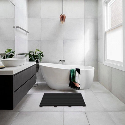 Bamboo Duck Board Wooden Bathroom Shower Bath Mat Natural Black Rectangular from B&Q