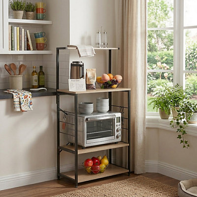  - Tall Bakers Rack Kitchen Storage Shelf With Microwave Stand Oak