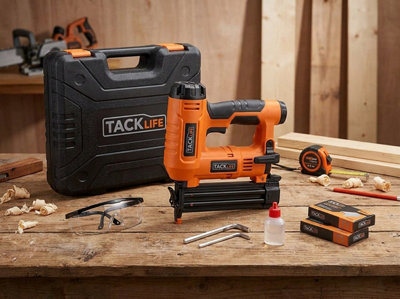 Compressed Air Pneumatic Brad Nail Staple Gun Set 18Ga With Goggles Case Nails And Staples from B&Q