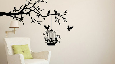 Tree Branch Wall Sticker With Birds And Cage Vinyl Wall Decor from B&Q