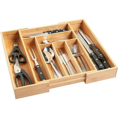  - Wooden Bamboo Cutlery Tray  Large 6-8 Compartment Kitchen Drawer Organizer