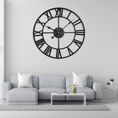  - 60Cm Large Skeleton Metal Roman Wall Clock Giant Round Open Face Big Numerals Silent Quartz Movement Black