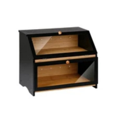 2 Tier Black Bamboo Bread Bin Kitchen Countertop Loaf Storage Box