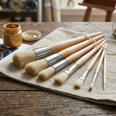  - 3 Pack 6 Pieces In  Each Stencil Paint Brushes Set Bristle Hair Wooden Handle