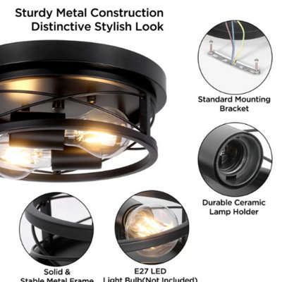 Black E27 Round Flush Ceiling Light Fixture