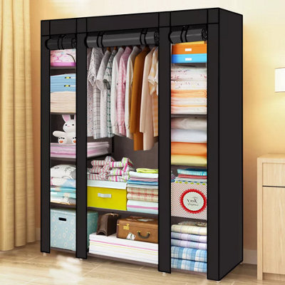  - Fabric Canvas Wardrobe Hanging Rail Storage Unit With Shelves