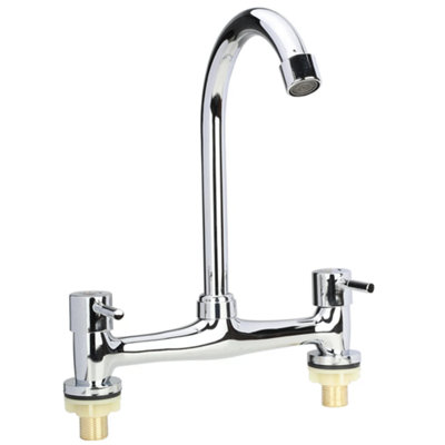  - Dual Lever Chrome Kitchen Sink Mixer Tap 2 Hole Deck Mounted Faucet