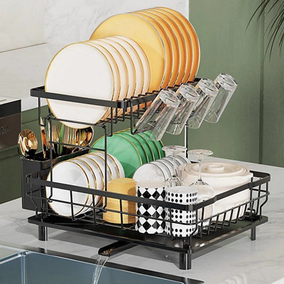  - 2 Tier Black Dish Drainer Rack With Drip Tray Stainless Steel