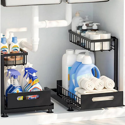  - 2 Tier Under Sink Storage Organizer With Sliding Drawer Kitchen Shelf