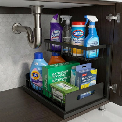  - Two Tier Under Sink Storage Organiser With Sliding Drawer Metal Kitchen Storage Rack