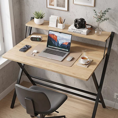  - 80Cm Foldable Computer Desk With 2 Tier Monitor Stand Oak