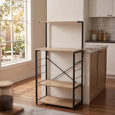  - Tall Bakers Rack Kitchen Storage Shelf With Microwave Stand Hooks Oak Finish