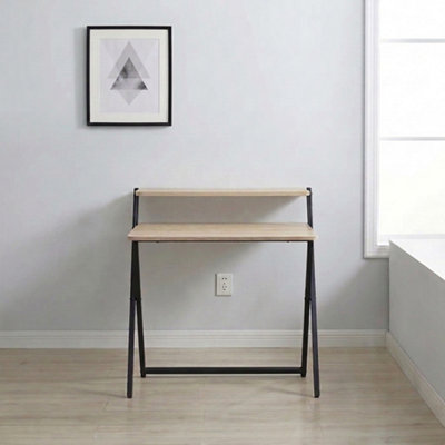  - Compact Foldable Computer Desk With 2 Tier Monitor StandSpace Saving Home Office DeskOak Finish80Cm