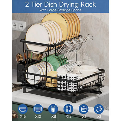  - 2 Tier Black Stainless Steel Dish Drainer Rack With Drip Tray