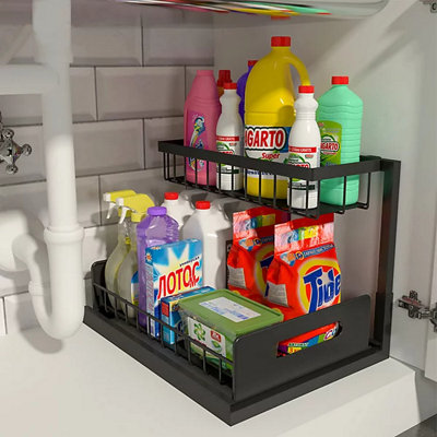  - 2 Tier Metal Under Sink Organiser With Sliding Drawer