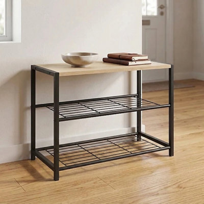  - 3 Tier Wooden Shoe Bench Metal Frame Shoe Rack Organizer For Entryway Hallway Storage 63 X 30 X 43 Cm