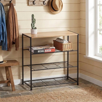  - 4 Tier Wooden Shoe Bench With Metal Frame Shoe Rack Organizer Oak Finish For Entryway Hallway Storage 63 X 30 X 63 Cm